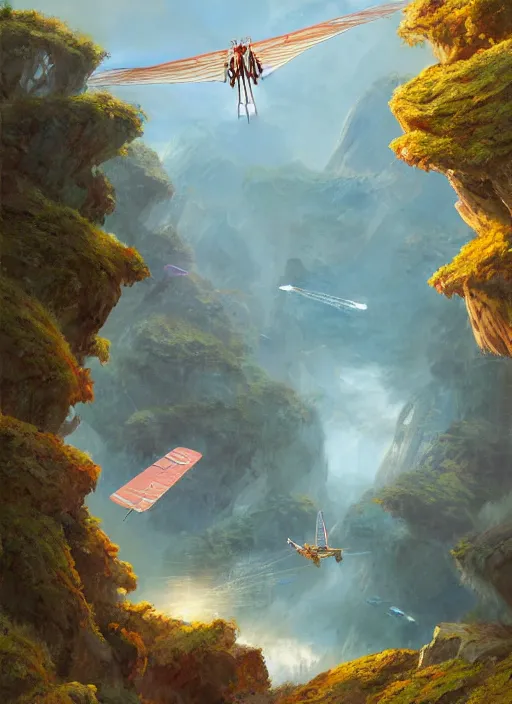 Prompt: A beautiful digital painting of an ornithopter landing platform, crystal lake, lovely valley by Stanley Artgerm Lau, Rossdraws, James Jean, gerald brom, Andrei Riabovitchev, Marc Simonetti, and Sakimichan, trending on artstation