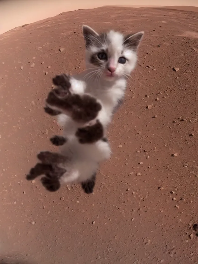 Image similar to gopro footage of a kitten wearing a realistic spacesuit on mars