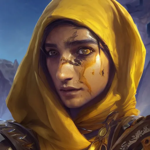 Image similar to portrait of young arabian nomad half wolf, with yellow cloths, league of legends splash art, hearthstone splash art, full body shot, rule of thirds, ultrafine hyperrealistic detailed face, artgerm, greg rutkowski, trending on artstation, 8 k, intricately detailed, highly detailed