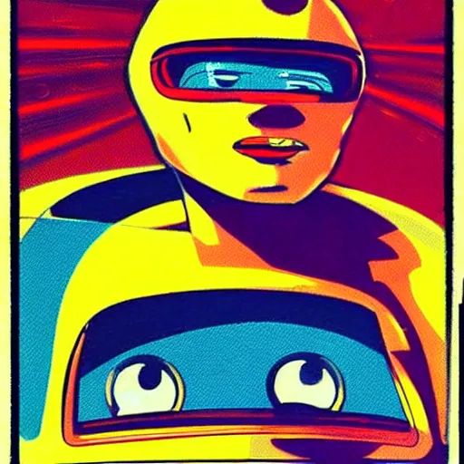 Prompt: alien male race car driver in a 70s comic book, retro, colorful, dynamic, futuristic