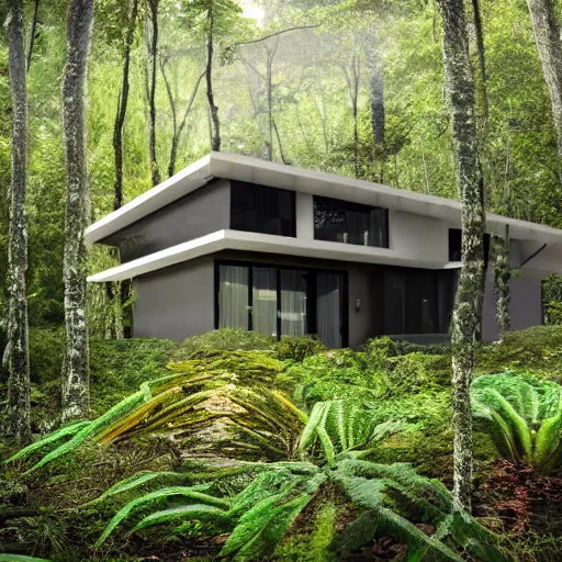 Image similar to High quality realistic photograph of a modern house in the middle of a rain-forest