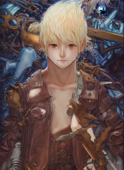 Image similar to prompt : ragnarok online portrait soft light painted by james jean and katsuhiro otomo and erik jones, inspired by akira anime, epic fantasy, a young blonde boy thief wearing plain leather thief clothes standing in a steampunk city, intricate oil painting, high detail illustration, sharp high detail, manga and anime 1 9 9 9