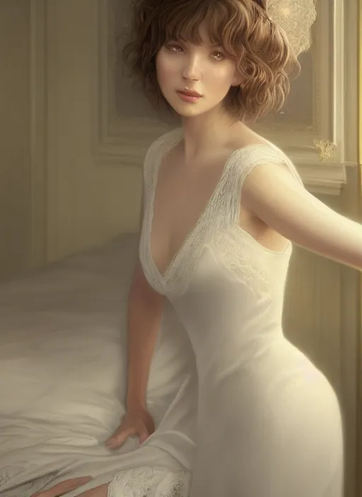 Image similar to young woman beautiful face : : sleeping lace white dress : : night home bed : : weta disney pixar movie still photo : : decadent highly - detailed digital painting, full length shot, golden ratio, octane render, artstation, smooth, sharp focus, artgerm, mucha, loish, wlop, gogo