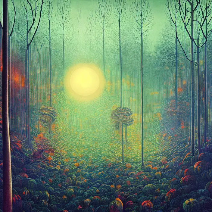 Image similar to charles burchfield art painting, beautiful arboreal forest by Adriaan Herman Gouwe, oregon washington rain forest by beeple, the sun glitchart, glitch effect sunlight, alien dream worlds, hellscape, seascape, with surreal architecture designed mega structures inspired by Garden of Earthly Delights, vast surreal landscape and horizon