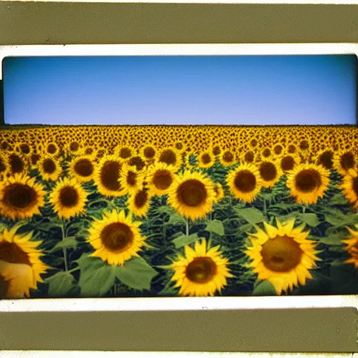 Prompt: glitched polaroid of a field of sunflowers, saturated, expired film stock