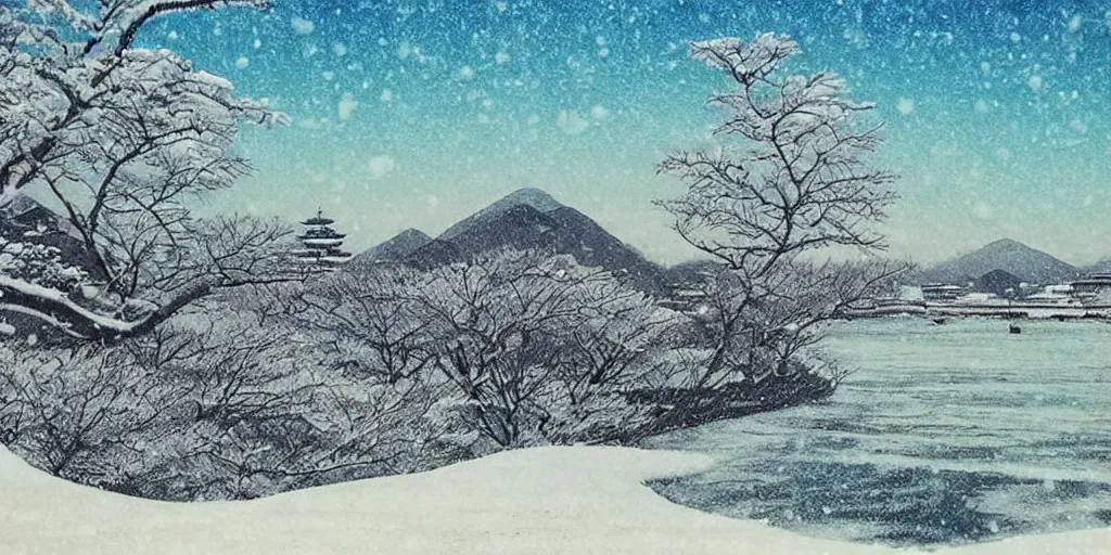 Prompt: 🌨 ❄ 🏝 ⛩. shin hanga.