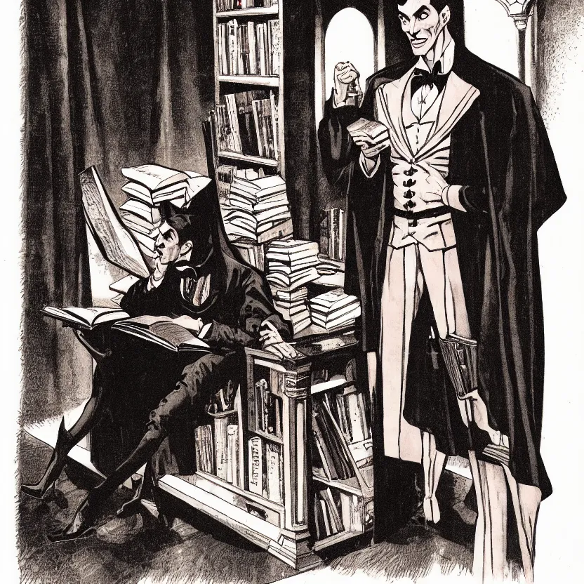 Prompt: dracula in a giant library, illustration in the style of j. c. leyendecker