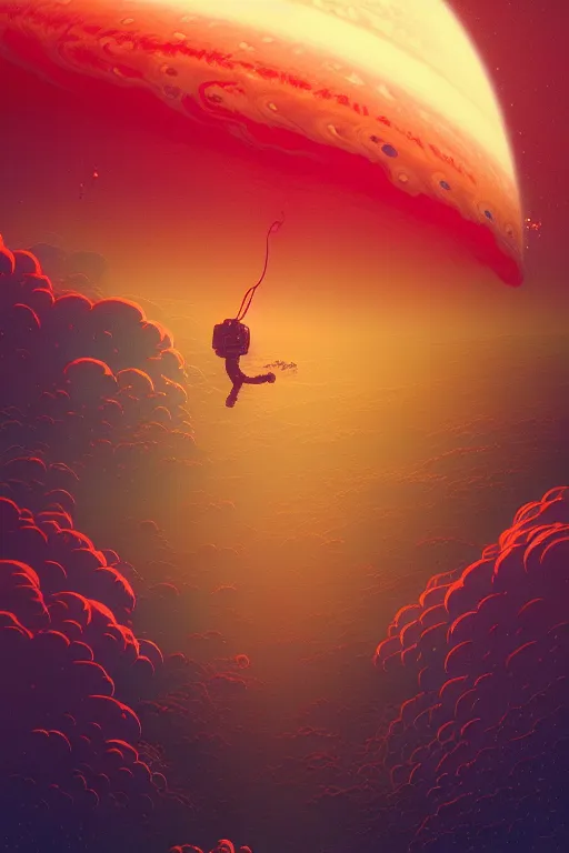 Prompt: lonely astronaut flying in jupiter's clouds, epic scene, by victo ngai, kilian eng vibrant colours, dynamic lighting, digital art, winning award masterpiece, fantastically beautiful, illustration, aesthetically inspired by beksinski and dan mumford, trending on artstation, art by greg rutkowski, 8 k