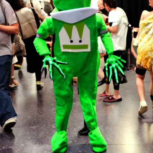 Prompt: a robot in a kermit the frog costume at a anime convention