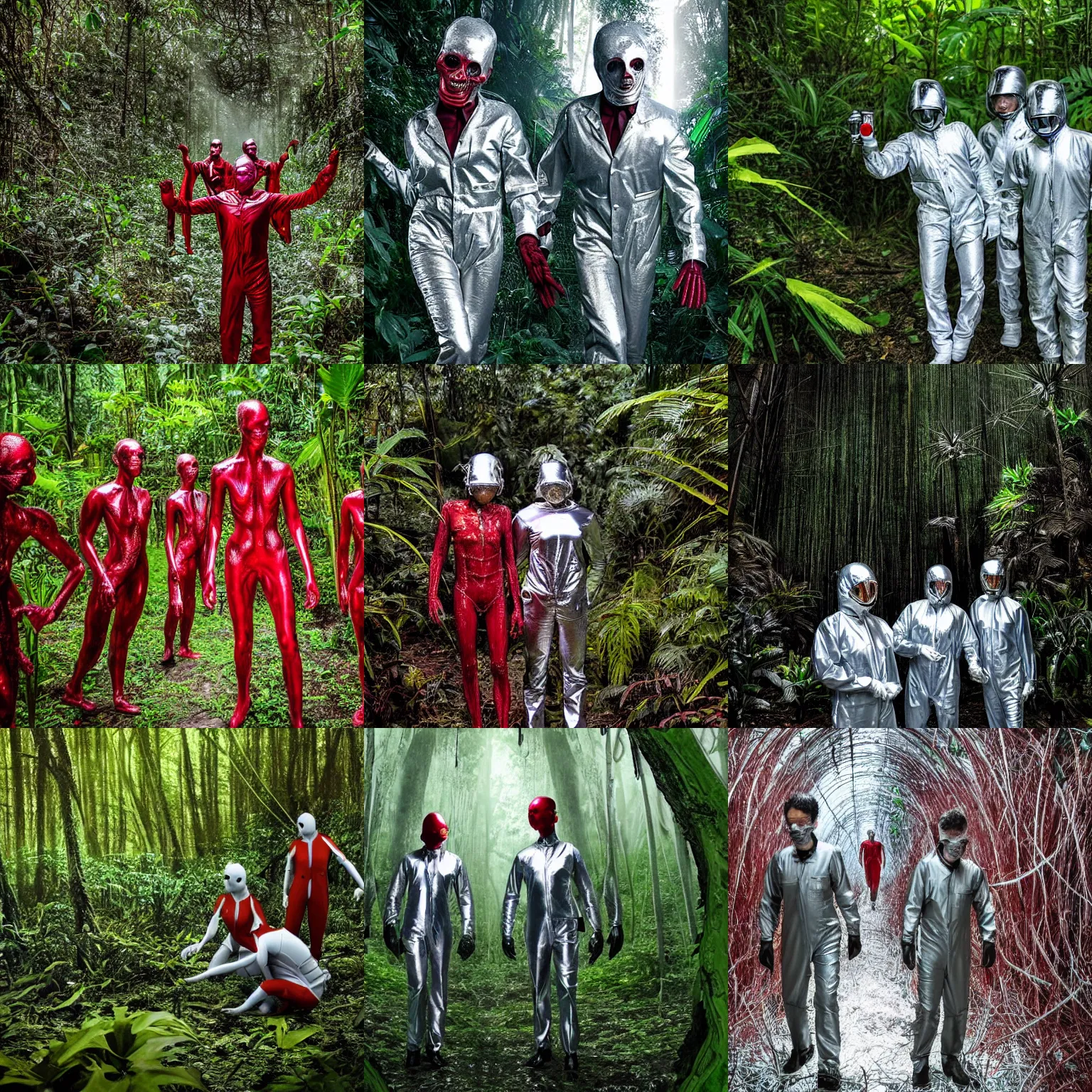 Prompt: scientists in a silver suit exploring the red blood fields in the green jungle, award winning photograph, sci - fi, horror, creepy, highly detailed