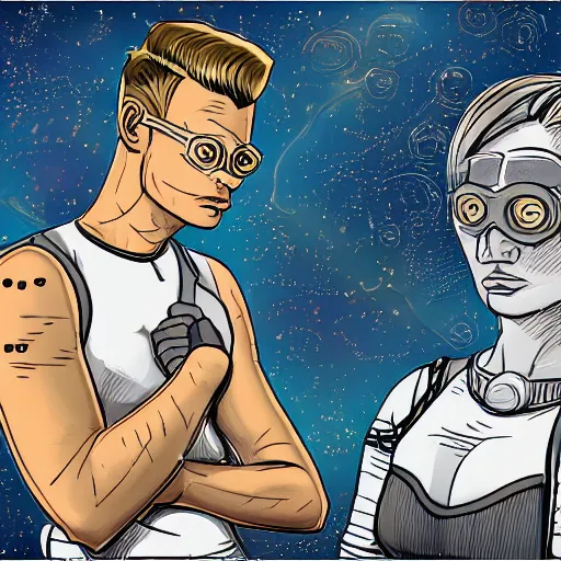 Image similar to detailed illustration of square - jawed emotionless serious blonde woman starship engineer, tribal tattoos, handsome, short slicked - back hair, sweating, uncomfortable and anxious, looking distracted and awkward, wearing victorian dark goggles, dirty white tank top, cargo pants, and gloves, small spacecraft in background, highly detailed, mike mignogna, trending on artstation