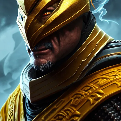 Image similar to Portrait of Genghis Khan as Scorpion from Mortal Kombat 11, anger, mystery, fear, highly detailed, ominous vibe, smoke, octane render, cgsociety, artstation, trending on ArtStation, by Travis Sergio Diaz