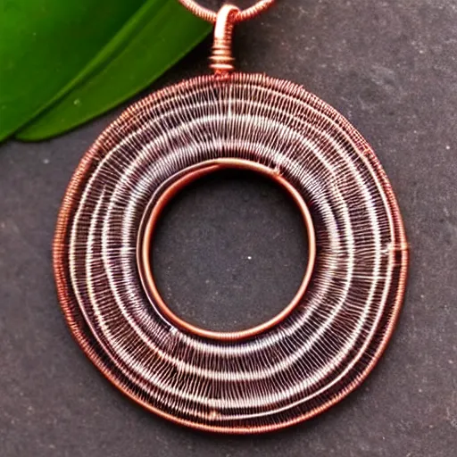 Image similar to a beautiful circular pendant made from sand and dirt, that is bound together by copper wire