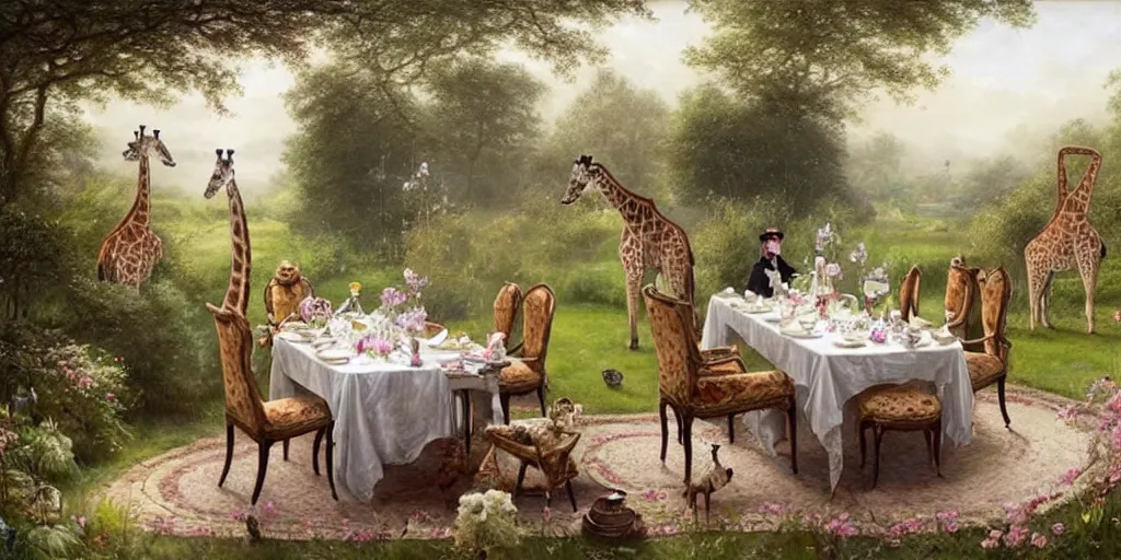 Image similar to elegant victorian tea party with giraffes in an english summer garden patio, hyper realistic greg rutkowski - h 7 6 8