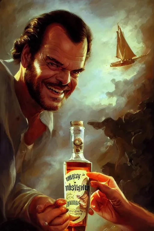 Image similar to a message in a bottle but instead of a ship it is a young jack nicholson in the bottle, jack nicholson, fancy whiskey bottle, masterpiece painting by artgerm and tom bagshaw and boris vallejo and frank frazetta