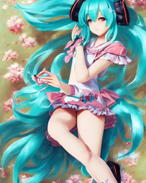 Prompt: Hatsune Miku in Summer flower outfit by Ruan Jia and drawing by Gil Elvgren, fullbody, posing, trending