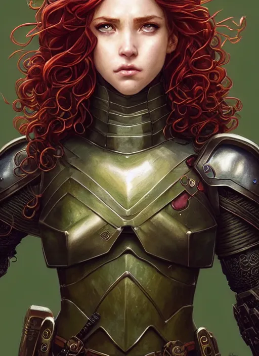 Image similar to ranger, light armor!!! long curly red hair!! covered chest!!! green eyes, fantasy, d & d, intricate ornate details, digital painting, pretty face!!, symmetry, concept art, sharp focus, illustration, art by artgerm! greg rutkowski magali villeneuve wlop! ilya kuvshinov!!, octane render