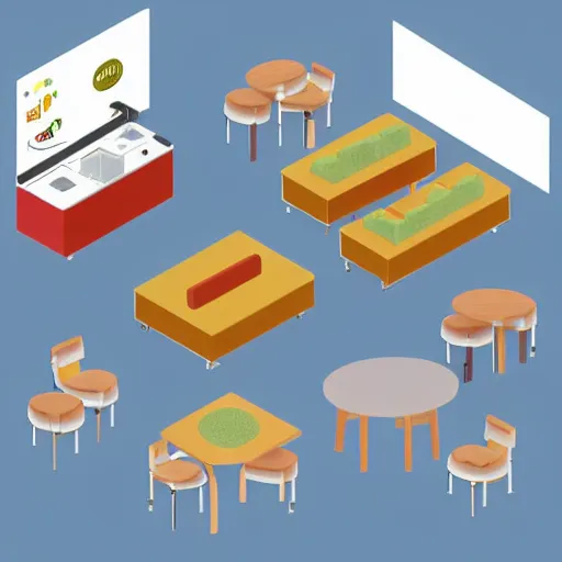 Image similar to isometric cartoon of funky recreational cannabis cafe area, coffee machine, aluminum sheen, wooden furniture, people drinking coffee and smoking cannabis, only 2 tables chairs, 4 cannabis pots, by benoit mandelbrot, low poly cute minimal interior design concept art illustrated by anni albers