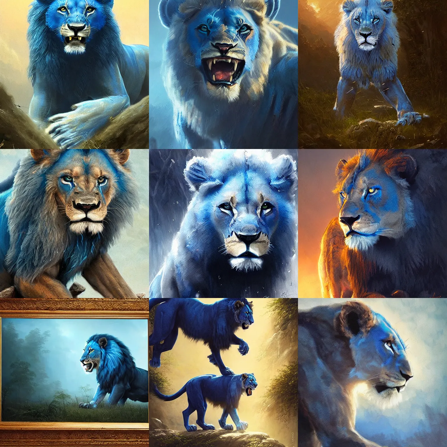 Prompt: roaring blue lion. majestic, graceful, mighty. mystical ambience. soft lighting. highly detailed painting by greg rutkowski.