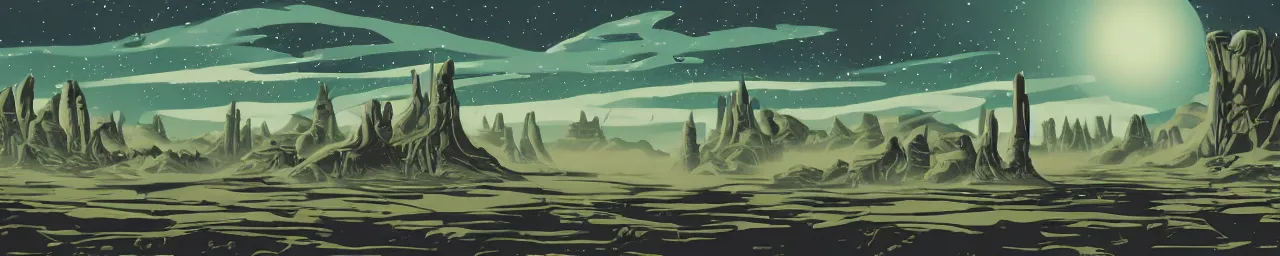 Image similar to retro sci-fi alien landscape