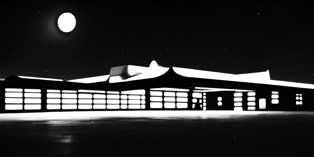 Image similar to low angle shot of a space port at night, film noir set design by Kabuki, in the style of Ed Wood, shot on film, grainy, hyperrealistic