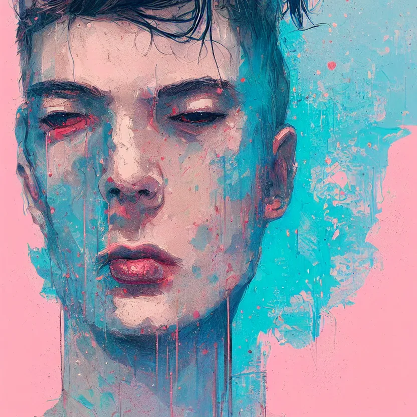 Image similar to close up portrait painting of a male in nineties street styling, concept art, intricate details, aesthetically pleasing pastel colors, art by conrad roset, impressionism, portrait