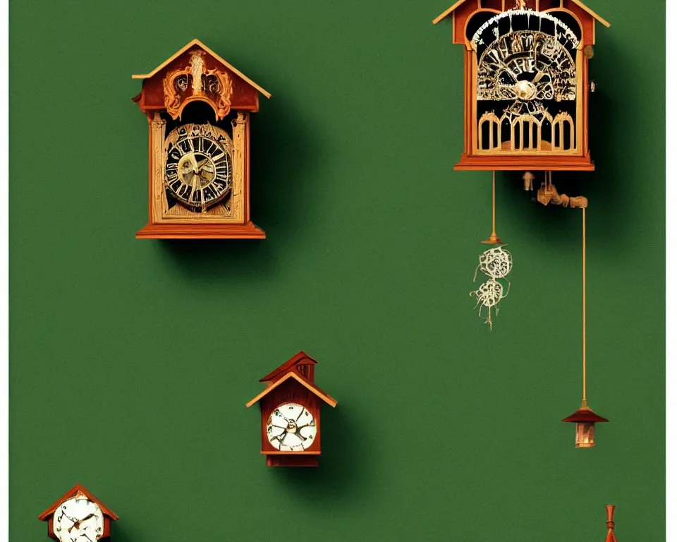 Image similar to an achingly beautiful print of dozens of ornate cuckoo clocks on a dark green wall by Raphael, Hopper, and Rene Magritte. detailed, romantic, enchanting, trending on artstation.