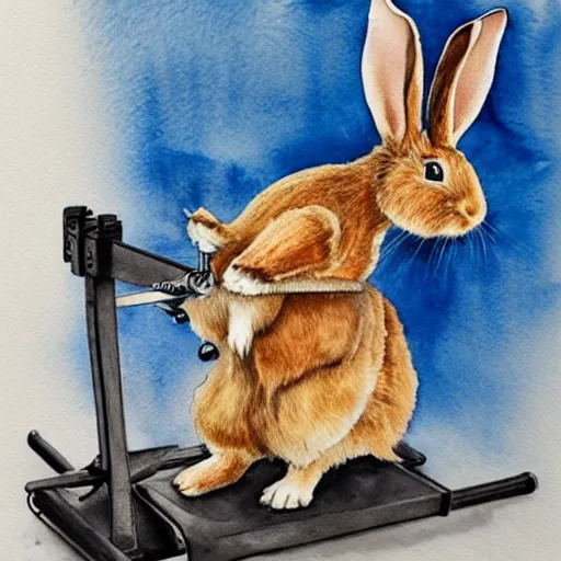 Image similar to a rabbit using a rowing machine, realistic watercolour