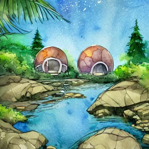 Image similar to beautiful happy picturesque charming sci - fi organic dome - like homes in a beautiful natural scene. water, trees and rocks. beautiful light. soft colour scheme. beautiful artistic detailed watercolor by lurid. ( 2 0 2 2 )