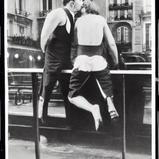 Image similar to gay couple kissing on a bar at night, paris, 2 0 s, vintage