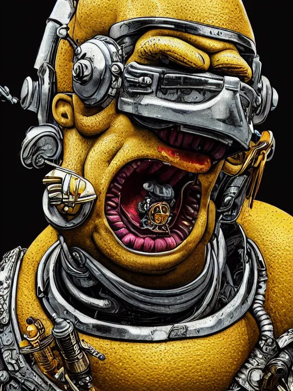 Image similar to portrait art of 8k ultra realistic Homer Simpson, detailed intricate ornate armour,decaying, cybernetic, full of colour, cinematic lighting, battered, trending on artstation, 4k, hyperrealistic, focused, extreme details,unreal engine 5, cinematic, masterpiece, art by ayami kojima, giger