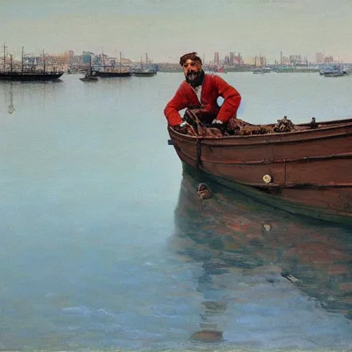 Prompt: painting of sailor hobo hyperrealism vasily vereshchagin at harbor boat fish