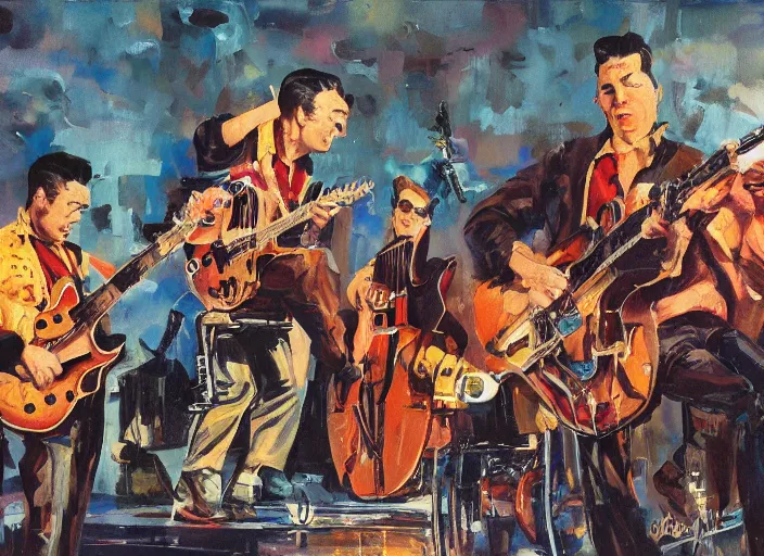 Image similar to rockabilly band 1950s, high detail, golden hour, 8K, by John Berkey