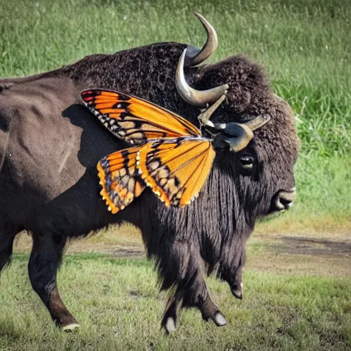 Prompt: a buffalo with butterfly wings