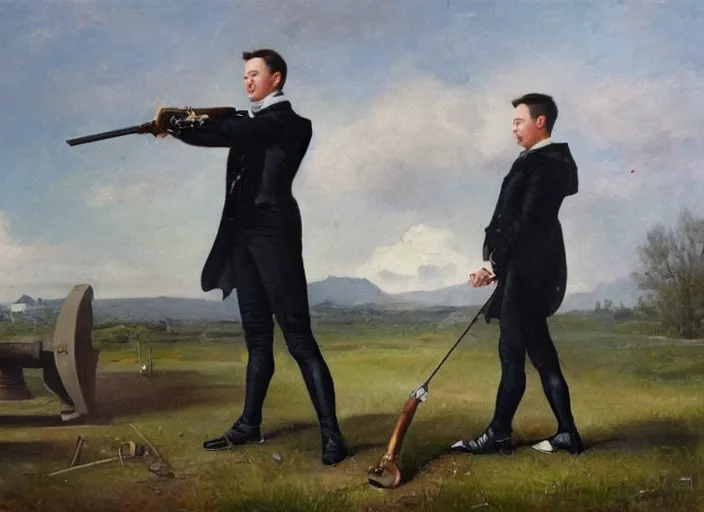 Prompt: oil painting portrait of elon musk in a victorian suit firing a musket rifle on a field