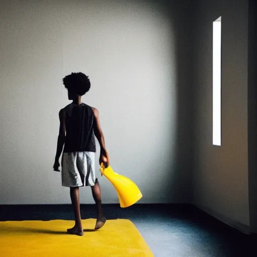 Image similar to black teenage boy wearing a white tank top with a long nose, walking in a nostalgic room with yellow walls and brown carpet