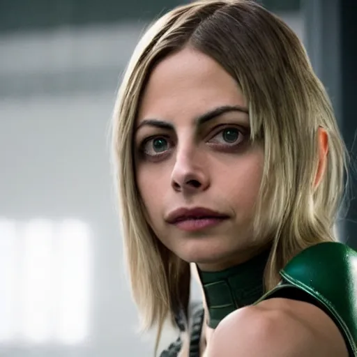 Image similar to film still of willa holland as an attractive female green arrow in the 2 0 1 7 film justice league, bleach blonde hair, focus - on - facial - details!!!!!!!!!!!!, minimal bodycon feminine costume, dramatic cinematic lighting, inspirational tone, suspenseful tone, promotional art