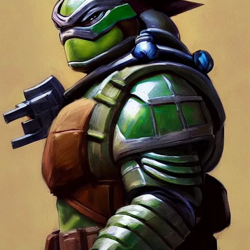 Image similar to greg manchess portrait painting of armored leonardo of tmnt as overwatch character, medium shot, asymmetrical, profile picture, organic painting, sunny day, matte painting, bold shapes, hard edges, street art, trending on artstation, by huang guangjian and gil elvgren and sachin teng