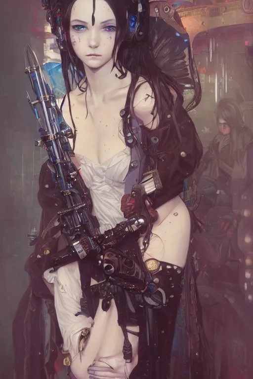 Image similar to portrait of beautiful young gothic maiden, cyberpunk, Warhammer, highly detailed, artstation, illustration, art by Gustav Klimt and Range Murata and Ilya Kuvshinov and Sakimichan