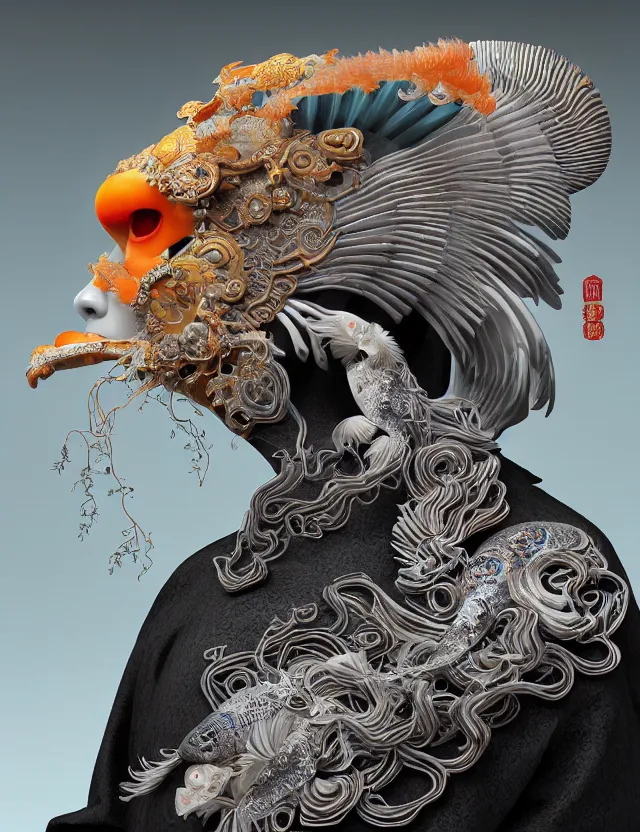 Image similar to 3 d goddess close - up profile portrait biomechanics with ram skull. beautiful intricately detailed japanese crow kitsune mask and clasical japanese kimono. betta fish, jellyfish phoenix, bio luminescent, plasma, ice, water, wind, creature, artwork by tooth wu and wlop and beeple and greg rutkowski