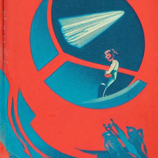 Image similar to vintage sci-fi book cover, high detail, damsel in distress, warm azure tones, red color bleed, film grain