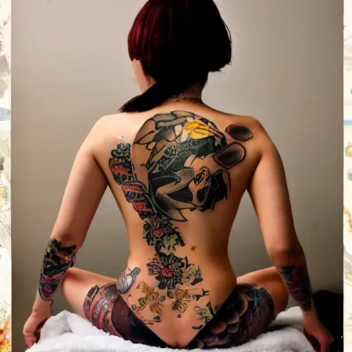 Prompt: a yakuza girl with tattoo bathing in kimchi