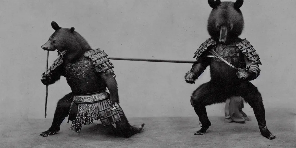 Prompt: anthropomorphic asian black bear in samurai armor, 1900s photo