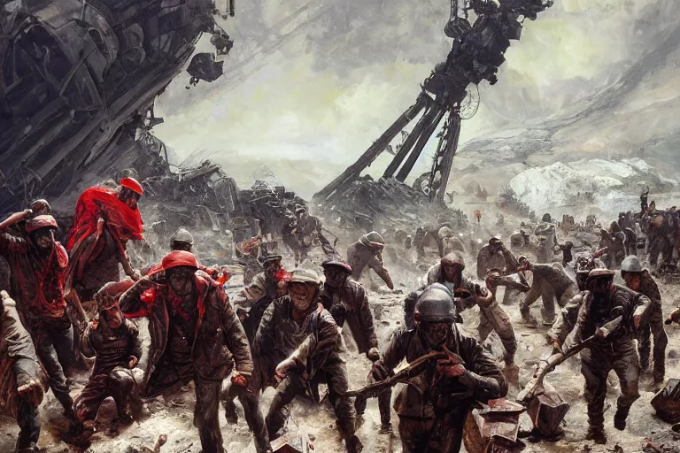 Prompt: intense dramatic still of a ragtag group of miners!!!! and factory workers with improvised weapons and pistols and red scarves around their necks, on the surface of an asteroid, outside of a high tech scifi industrial building, medium shot, oil painting by charles frederic ulrich, pablo olivera, normal rockwell, greg rutkowski, trending on artstation, incredible detail