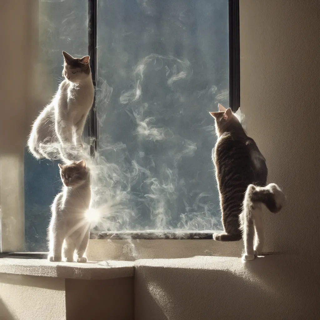 Image similar to a cat sitting on the window sill smoking a cigarette with the sun shining through