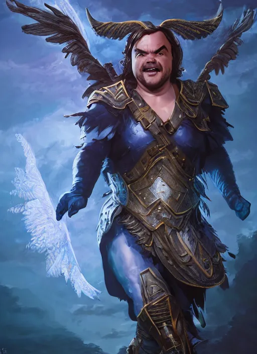 Image similar to A fantasy comic book style portrait painting of jack black, Joey King as a Mystical Valkyrie, unreal 5, DAZ, hyperrealistic, octane render, RPG portrait, dynamic lighting