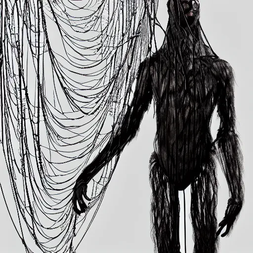 Image similar to Ghastly wires coil from a wall, forming a thick spiderweb. Thin strands of metal glisten as they stretch toward a figure in the darkness. The figure is clad in a black robe with a hood that conceals his face. The figure stares at a mannequin hanging down from one of the wires. The mannequin has the head and the torso of an ape, but no arms or legs.