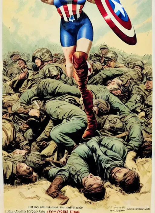 Image similar to female captain america standing on a pile of defeated german soldiers. wwii american propaganda poster by james gurney