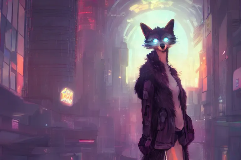 Prompt: a transhuman fox fursona with a fluffy tail in a cyberpunk city, trending on artstation, by kawacy, neon backlighting, furry art