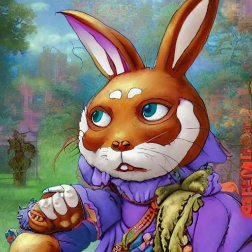 Prompt: a radical psychedelic bunny mascot character posing for a picture, digital painting, masterpiece by rembrandt and thomas kinkade and frank frazetta and kentaro miura, by reiq and tite kubo, stylized yet realistic faces and anatomy, advanced lighting technology, beautiful, gorgeous brush strokes
